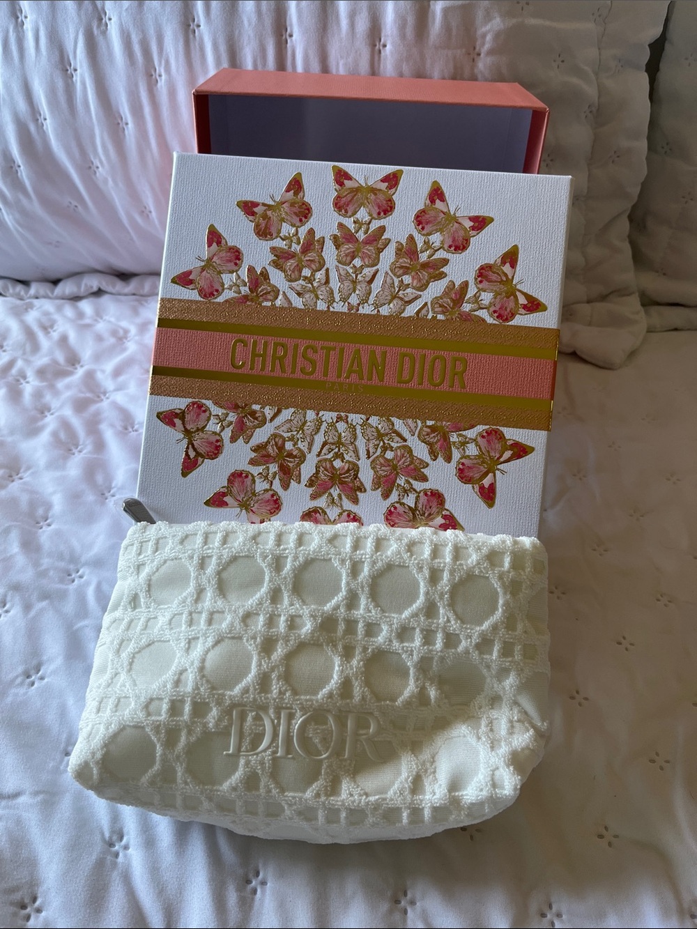 Dior White Embossed Cosmetic Pouch with Floral Box Accents